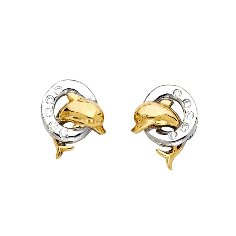 14K Two Tone Gold Dolphin Post Earrings
